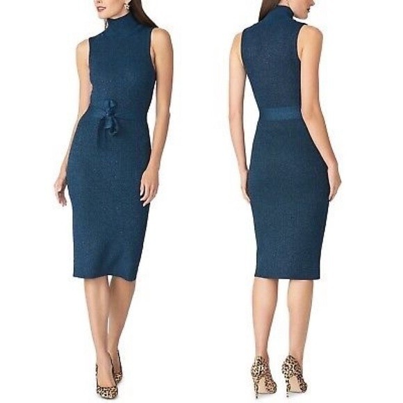 NWT Rachel Roy Kiki Navy Shimmer Midi Fitted Sheath Sweater Dress Size Large NEW - Picture 1 of 16